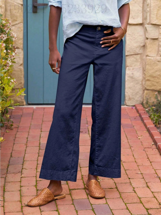 Women's High Waist Button Waist Solid Color Nine-Point Slightly Stretched Loose Wide Leg Women's Pants