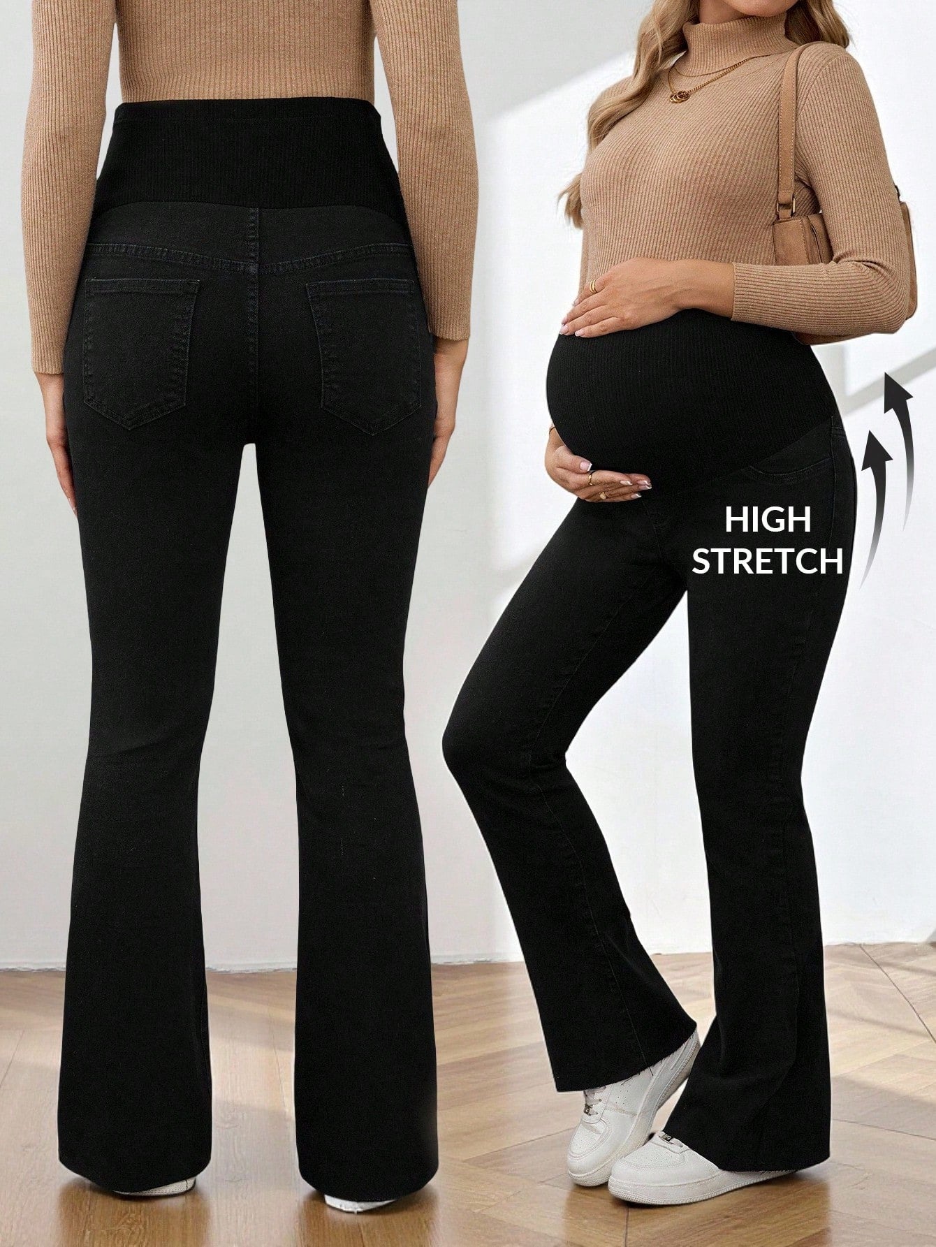 Women's High Waist Maternity Flare Jeans,Black Winter Casual Everyday Belly Support Pants,Stretchy Flared Denim For Expecting Mothers,Versatile Chic