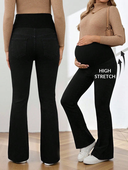 Women's High Waist Maternity Flare Jeans,Black Winter Casual Everyday Belly Support Pants,Stretchy Flared Denim For Expecting Mothers,Versatile Chic