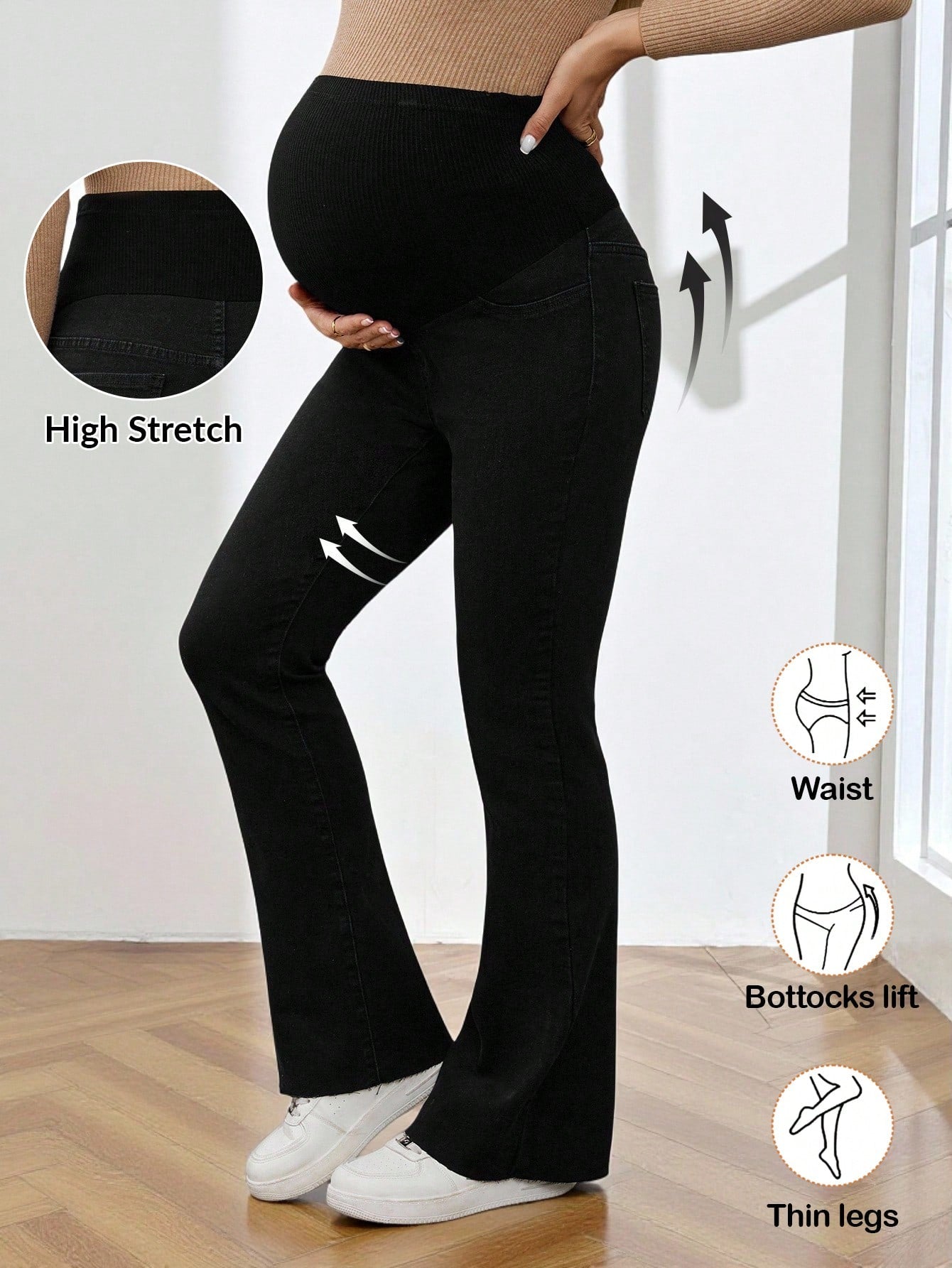 Women's High Waist Maternity Flare Jeans,Black Winter Casual Everyday Belly Support Pants,Stretchy Flared Denim For Expecting Mothers,Versatile Chic