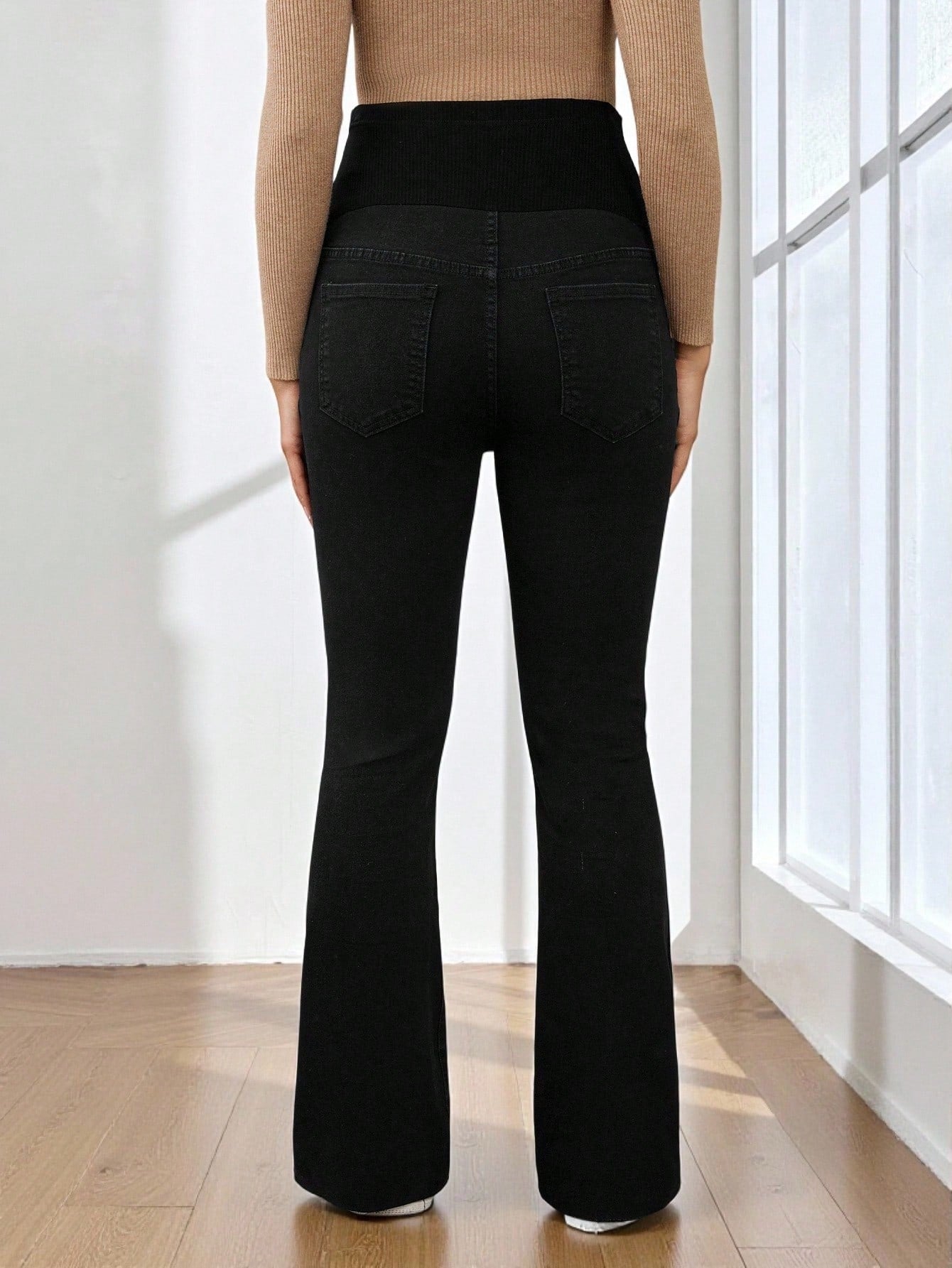 Women's High Waist Maternity Flare Jeans,Black Winter Casual Everyday Belly Support Pants,Stretchy Flared Denim For Expecting Mothers,Versatile Chic
