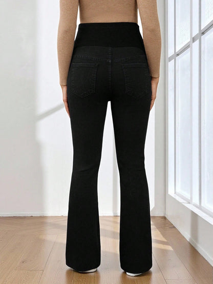Women's High Waist Maternity Flare Jeans,Black Winter Casual Everyday Belly Support Pants,Stretchy Flared Denim For Expecting Mothers,Versatile Chic