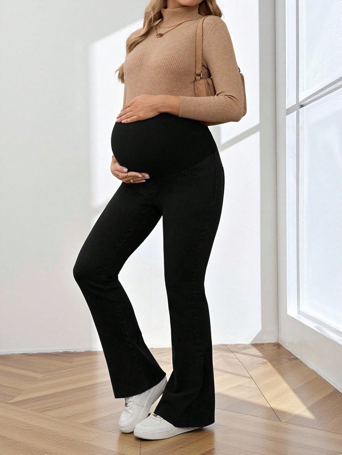Women's High Waist Maternity Flare Jeans,Black Winter Casual Everyday Belly Support Pants,Stretchy Flared Denim For Expecting Mothers,Versatile Chic