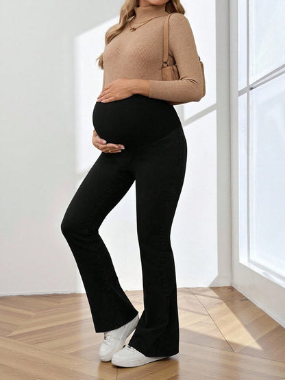 Women's High Waist Maternity Flare Jeans,Black Winter Casual Everyday Belly Support Pants,Stretchy Flared Denim For Expecting Mothers,Versatile Chic