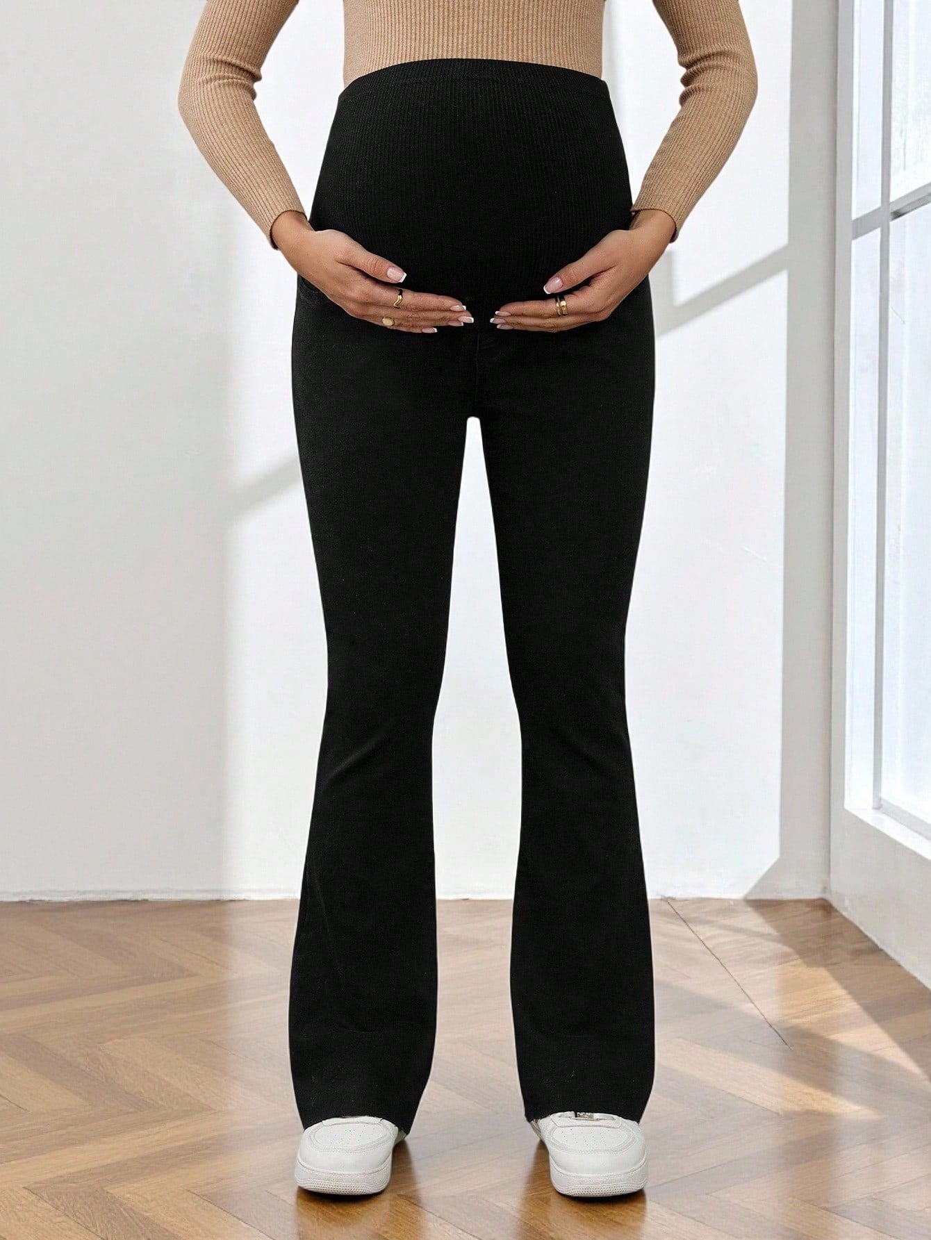 Women's High Waist Maternity Flare Jeans,Black Winter Casual Everyday Belly Support Pants,Stretchy Flared Denim For Expecting Mothers,Versatile Chic