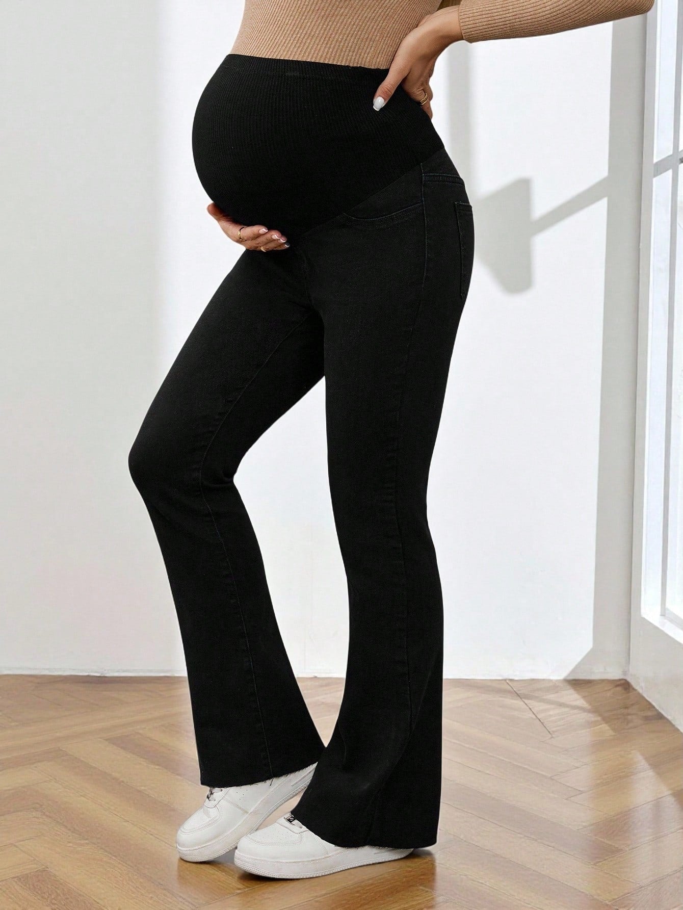 Women's High Waist Maternity Flare Jeans,Black Winter Casual Everyday Belly Support Pants,Stretchy Flared Denim For Expecting Mothers,Versatile Chic