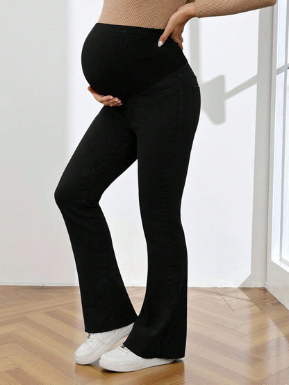 Women's High Waist Maternity Flare Jeans,Black Winter Casual Everyday Belly Support Pants,Stretchy Flared Denim For Expecting Mothers,Versatile Chic