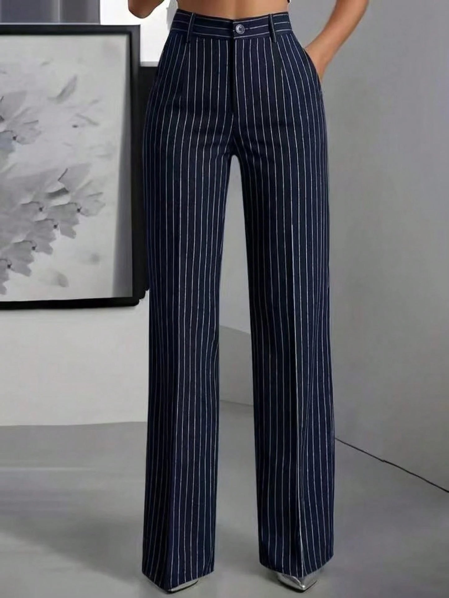 Women's High Waist Pinstripe Wide Leg Pants, Formal Office Style, Tailored Straight Leg Fit, Workwear & Evening Events, Red & White Stripe Pattern