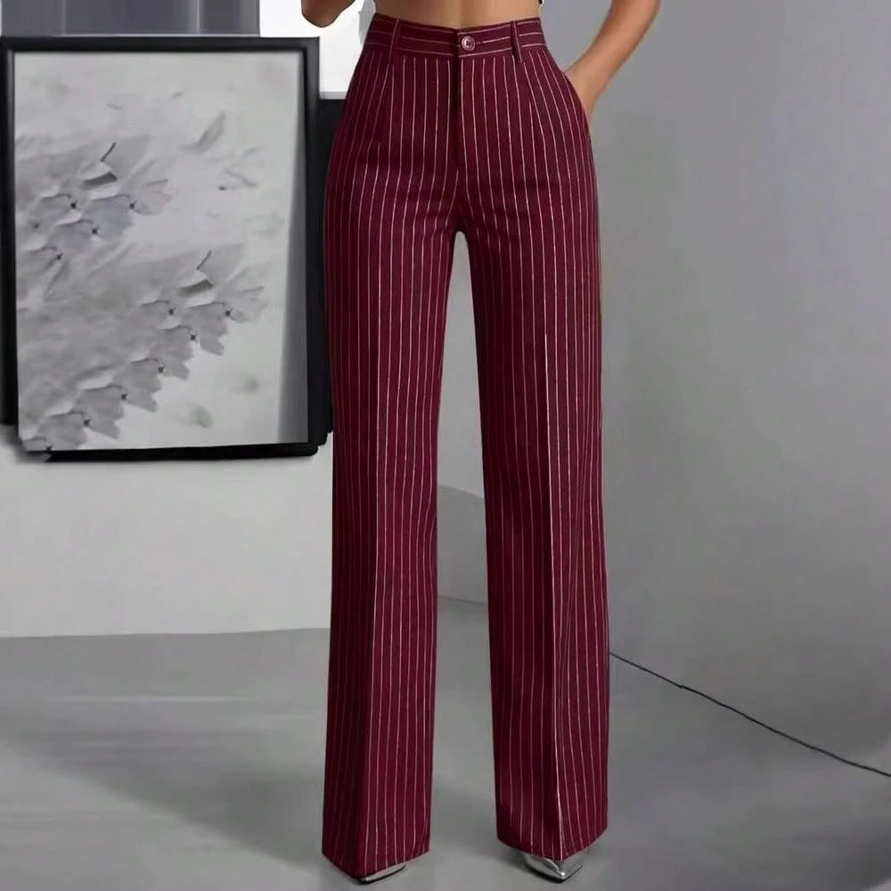 Women's High Waist Pinstripe Wide Leg Pants, Formal Office Style, Tailored Straight Leg Fit, Workwear & Evening Events, Red & White Stripe Pattern