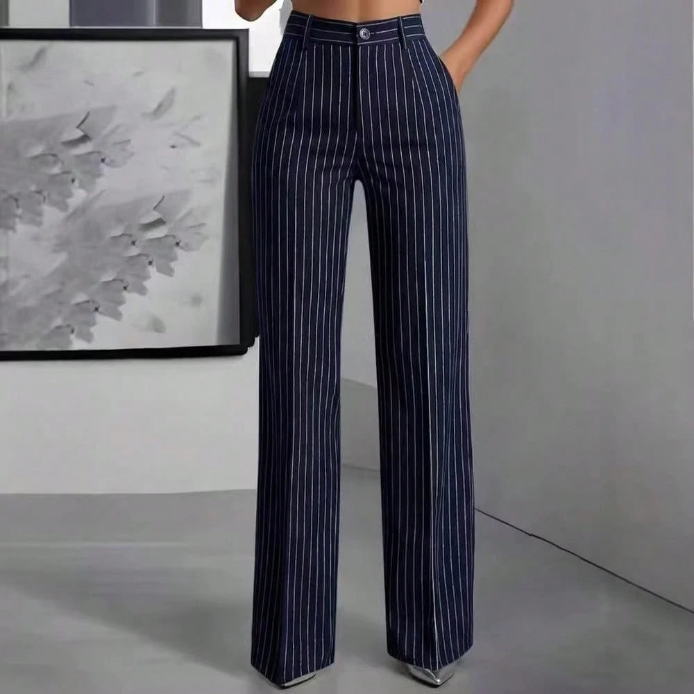 Women's High Waist Pinstripe Wide Leg Pants, Formal Office Style, Tailored Straight Leg Fit, Workwear & Evening Events, Red & White Stripe Pattern
