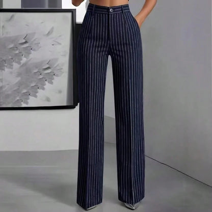 Women's High Waist Pinstripe Wide Leg Pants, Formal Office Style, Tailored Straight Leg Fit, Workwear & Evening Events, Red & White Stripe Pattern