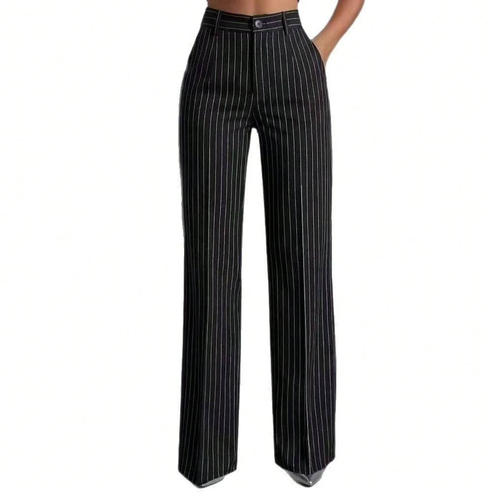 Women's High Waist Pinstripe Wide Leg Pants, Formal Office Style, Tailored Straight Leg Fit, Workwear & Evening Events, Red & White Stripe Pattern