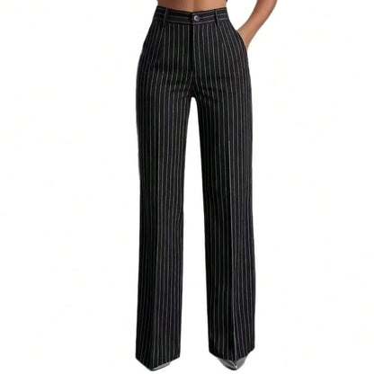 Women's High Waist Pinstripe Wide Leg Pants, Formal Office Style, Tailored Straight Leg Fit, Workwear & Evening Events, Red & White Stripe Pattern