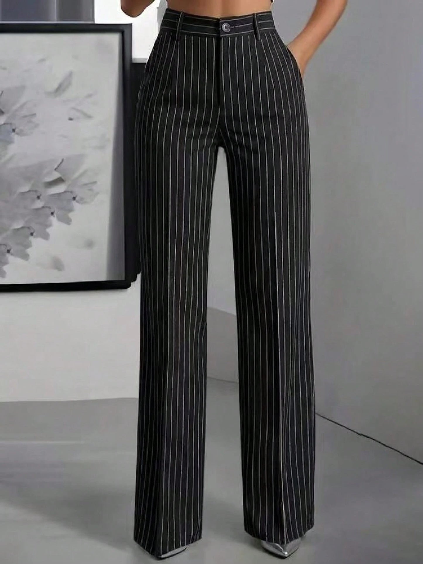 Women's High Waist Pinstripe Wide Leg Pants, Formal Office Style, Tailored Straight Leg Fit, Workwear & Evening Events, Red & White Stripe Pattern