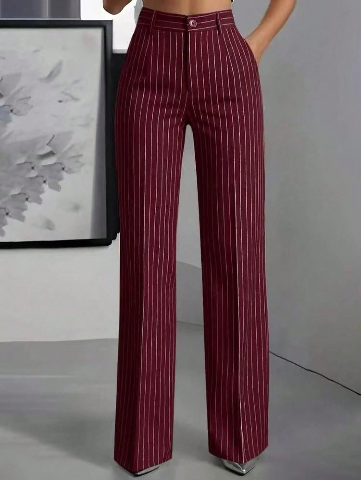 Women's High Waist Pinstripe Wide Leg Pants, Formal Office Style, Tailored Straight Leg Fit, Workwear & Evening Events, Red & White Stripe Pattern