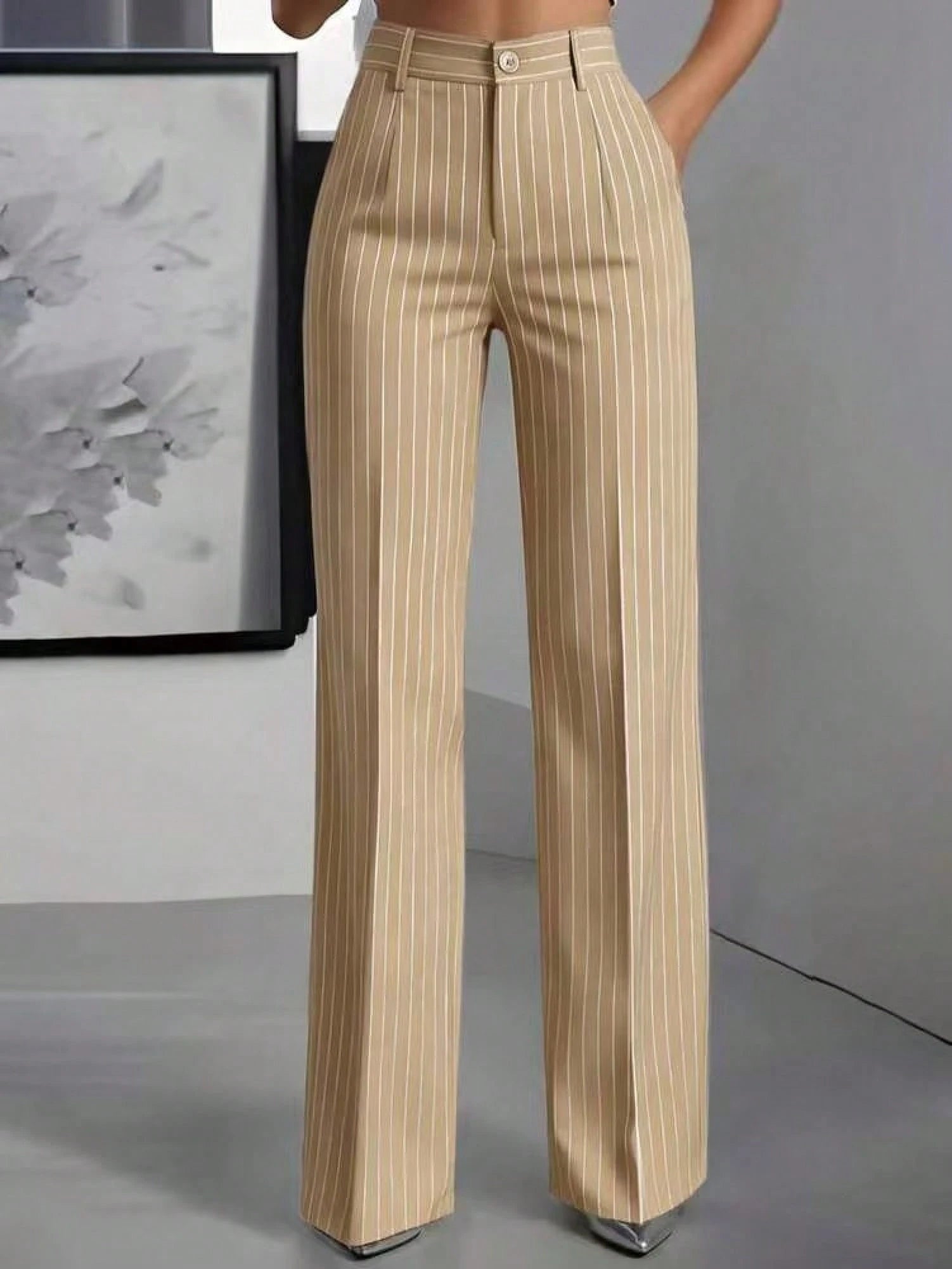 Women's High Waist Pinstripe Wide Leg Pants, Formal Office Style, Tailored Straight Leg Fit, Workwear & Evening Events, Red & White Stripe Pattern