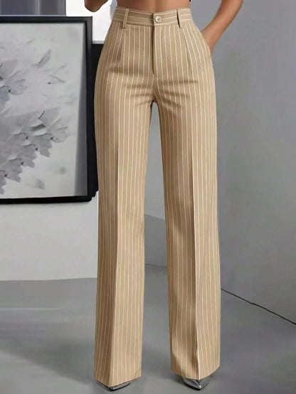 Women's High Waist Pinstripe Wide Leg Pants, Formal Office Style, Tailored Straight Leg Fit, Workwear & Evening Events, Red & White Stripe Pattern