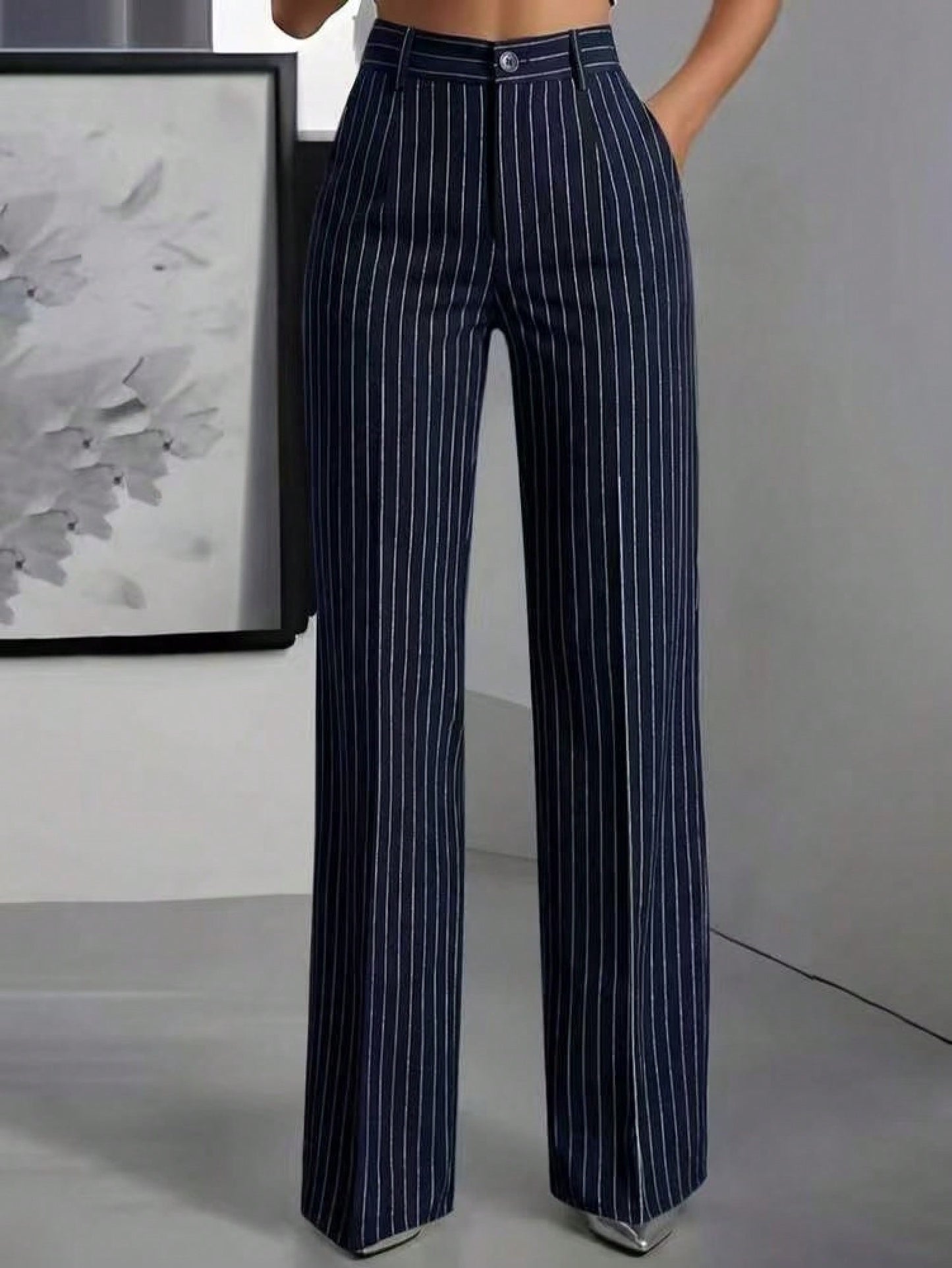 Women's High Waist Pinstripe Wide Leg Pants, Formal Office Style, Tailored Straight Leg Fit, Workwear & Evening Events, Red & White Stripe Pattern