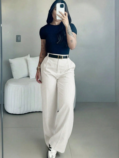 Women's High Waist Slim Fit Wide Leg Pants, Bohemian Street Style, Suitable For Casual, Work Commute And Vacation In Spring/Summer White, Boho Chic