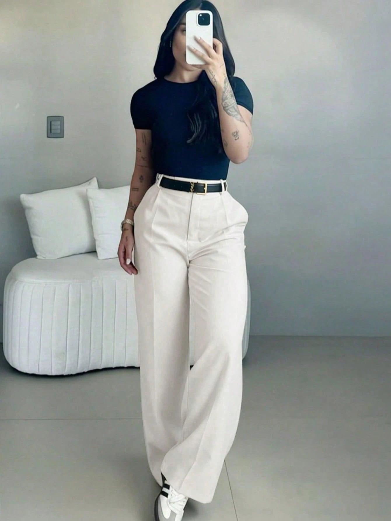 Women's High Waist Slim Fit Wide Leg Pants, Bohemian Street Style, Suitable For Casual, Work Commute And Vacation In Spring/Summer White, Boho Chic
