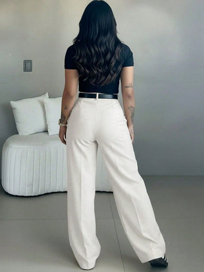Women's High Waist Slim Fit Wide Leg Pants, Bohemian Street Style, Suitable For Casual, Work Commute And Vacation In Spring/Summer White, Boho Chic