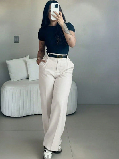 Women's High Waist Slim Fit Wide Leg Pants, Bohemian Street Style, Suitable For Casual, Work Commute And Vacation In Spring/Summer White, Boho Chic