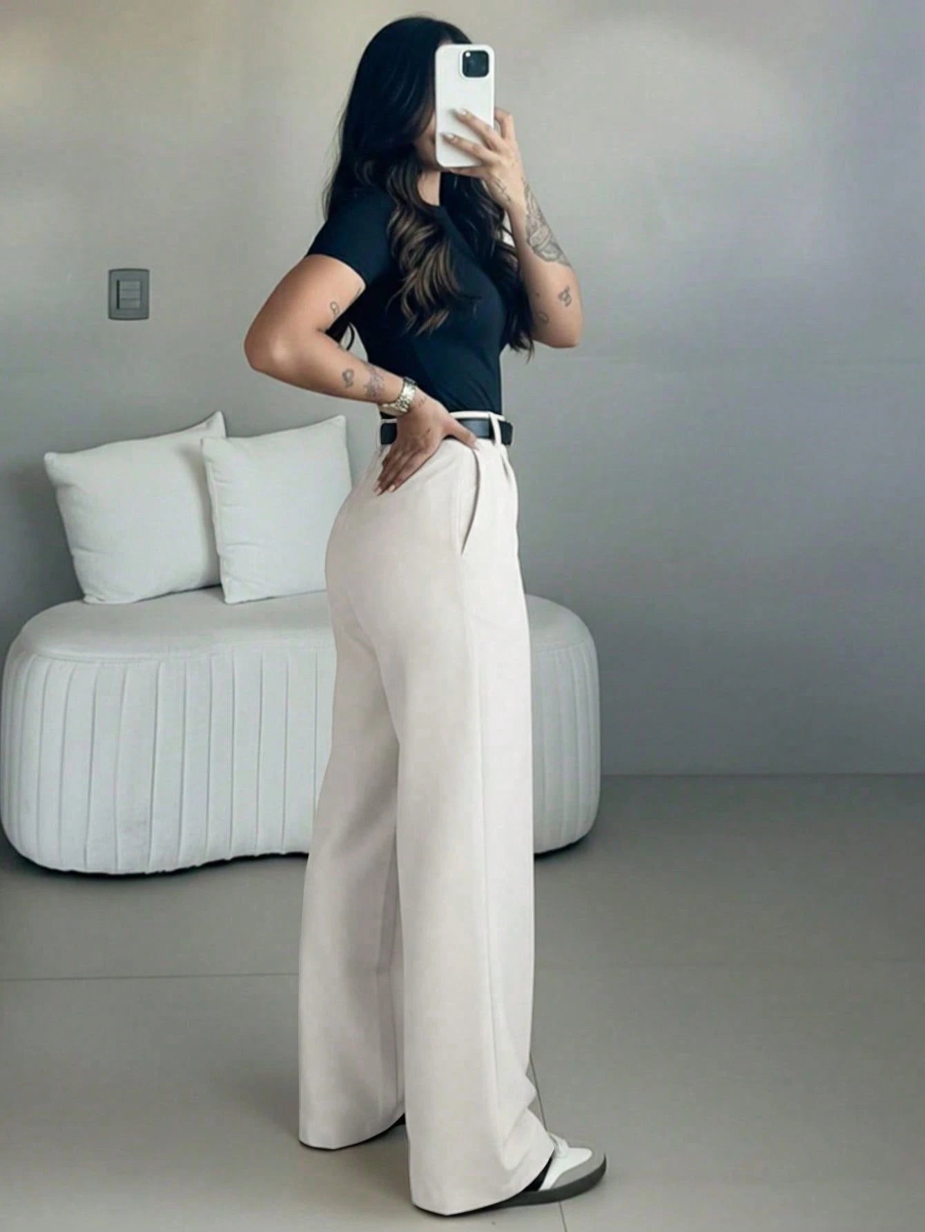 Women's High Waist Slim Fit Wide Leg Pants, Bohemian Street Style, Suitable For Casual, Work Commute And Vacation In Spring/Summer White, Boho Chic
