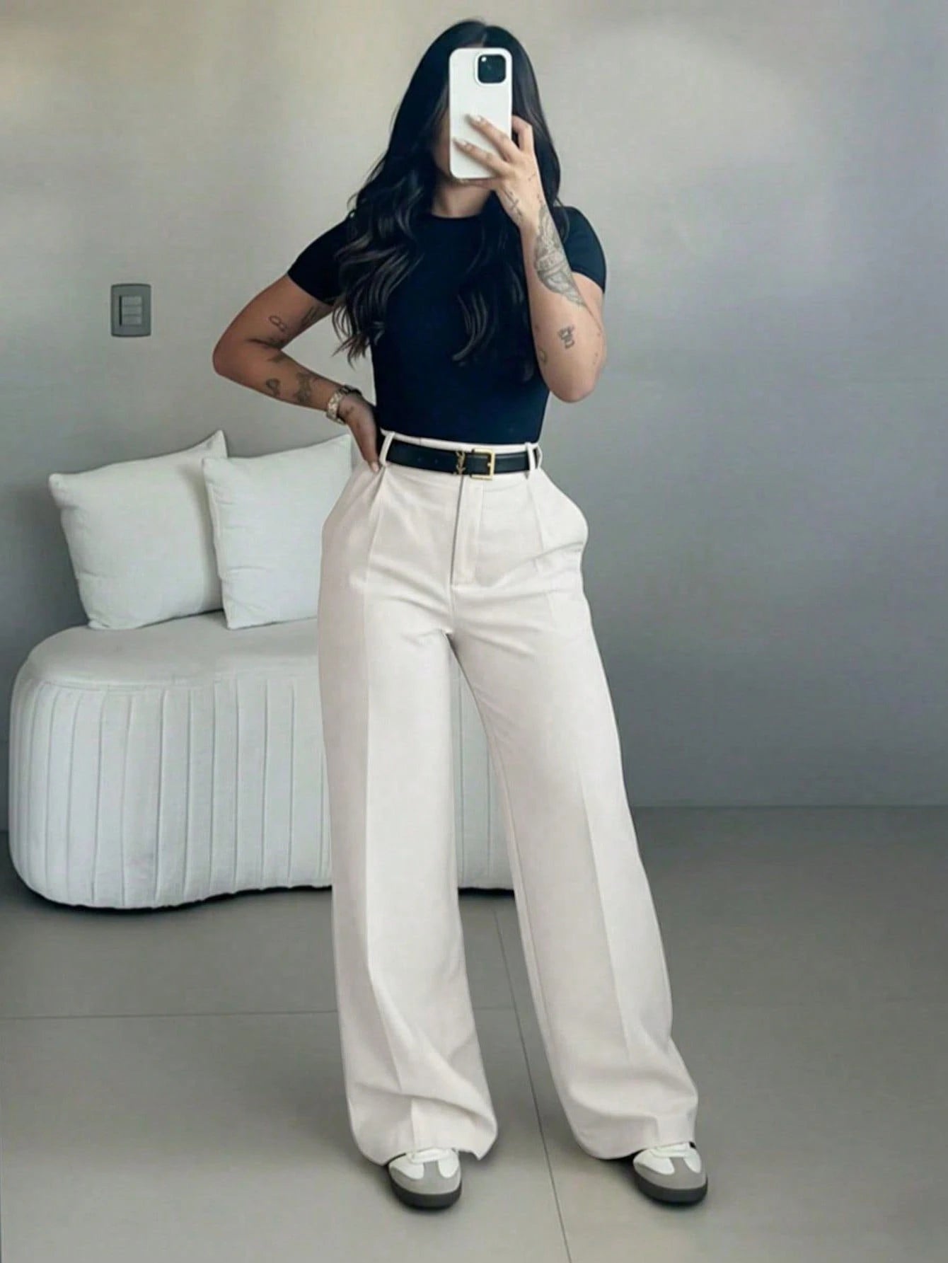 Women's High Waist Slim Fit Wide Leg Pants, Bohemian Street Style, Suitable For Casual, Work Commute And Vacation In Spring/Summer White, Boho Chic