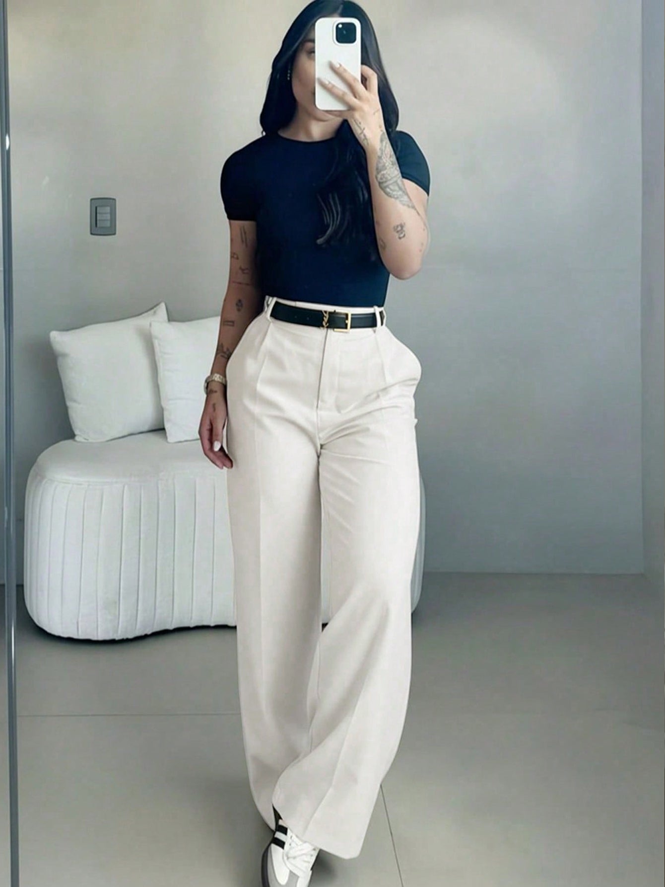 Women's High Waist Slim Fit Wide Leg Pants, Bohemian Street Style, Suitable For Casual, Work Commute And Vacation In Spring/Summer White, Boho Chic