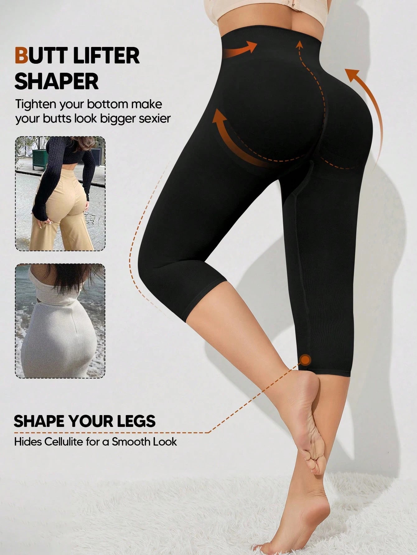 Women's High Waist Slimming Shaping 3/4 Length Leggings Black Summer