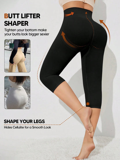 Women's High Waist Slimming Shaping 3/4 Length Leggings Black Summer