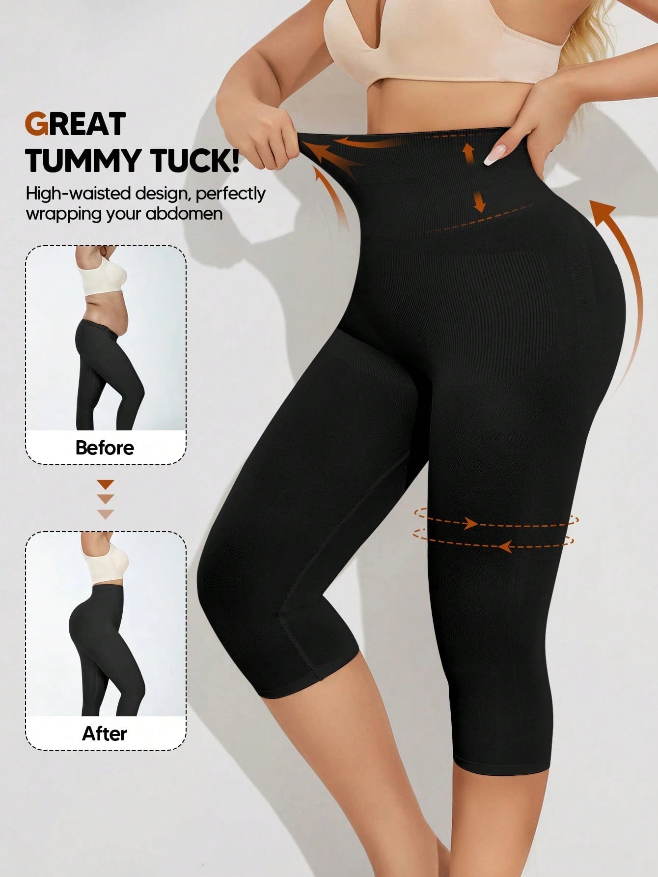 Women's High Waist Slimming Shaping 3/4 Length Leggings Black Summer