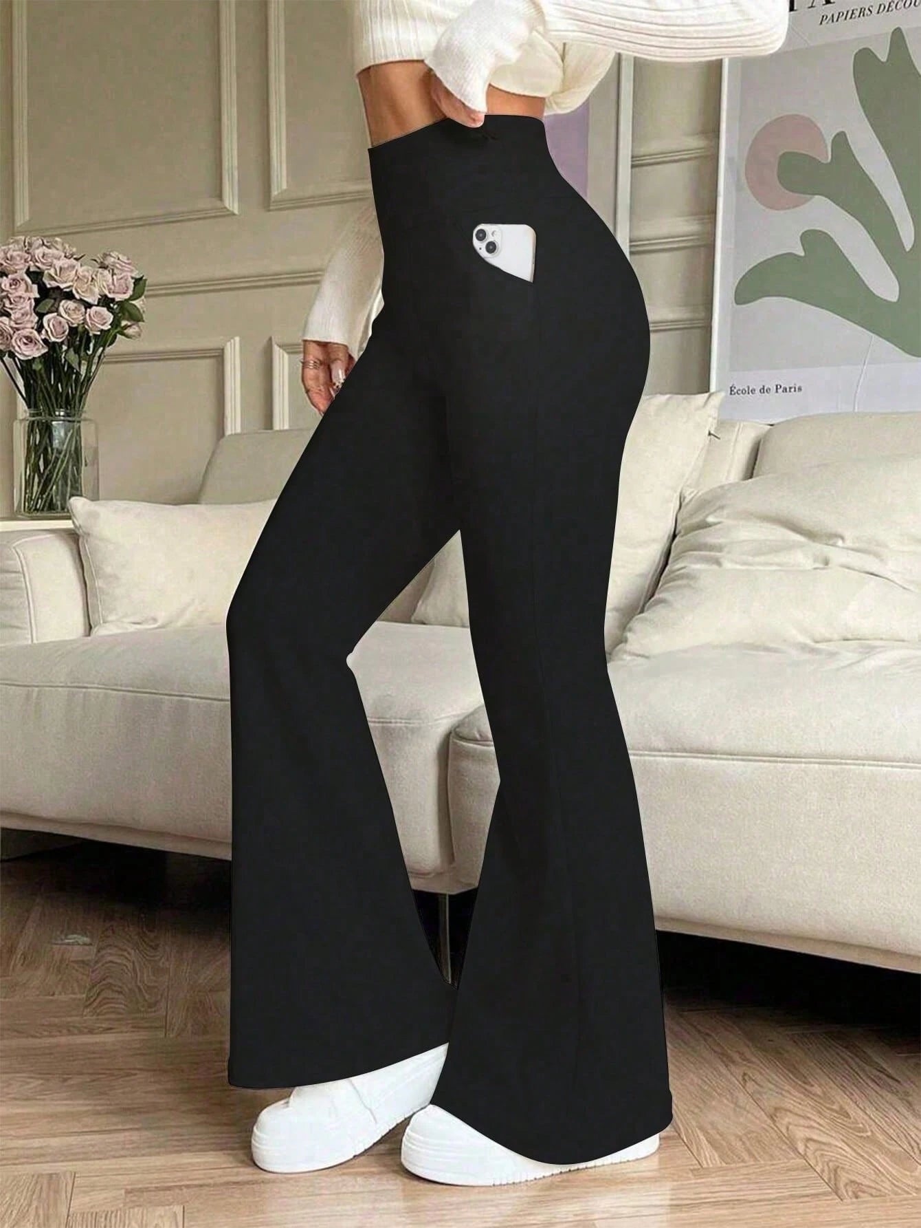 Women's High Waist Solid Color Flared Pants With Side Pockets Black