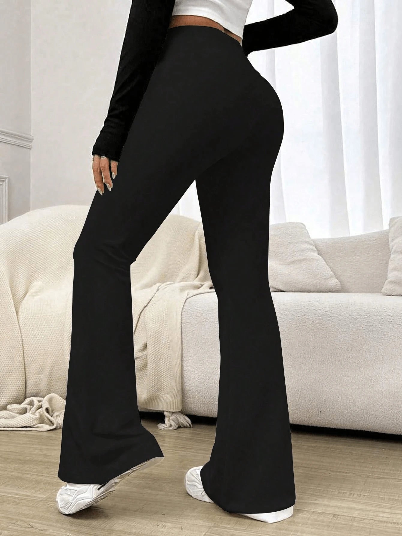 Women's High Waist Solid Color Flared Pants With Side Pockets Black