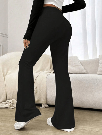 Women's High Waist Solid Color Flared Pants With Side Pockets Black