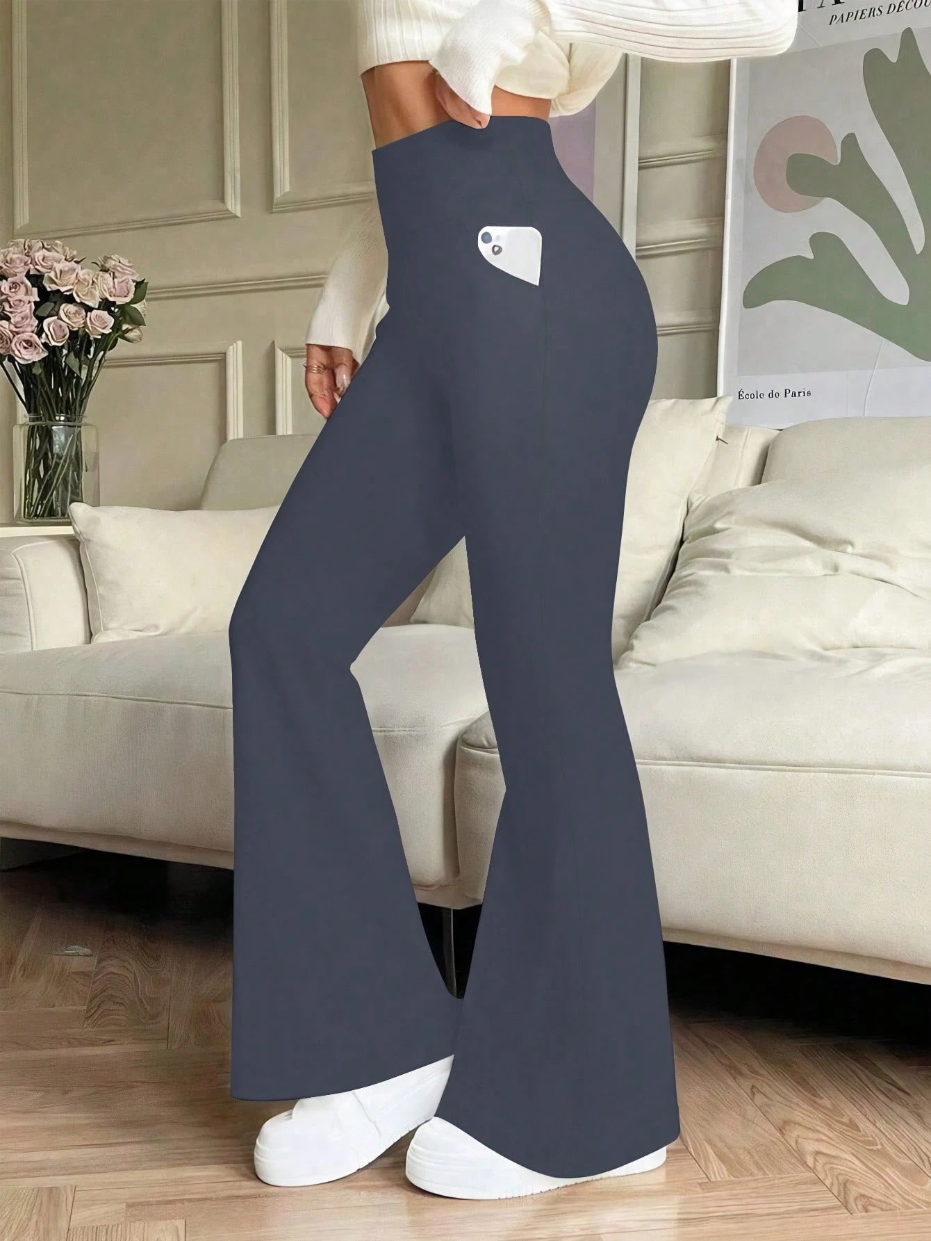 Women's High Waist Solid Color Flared Pants With Side Pockets Black