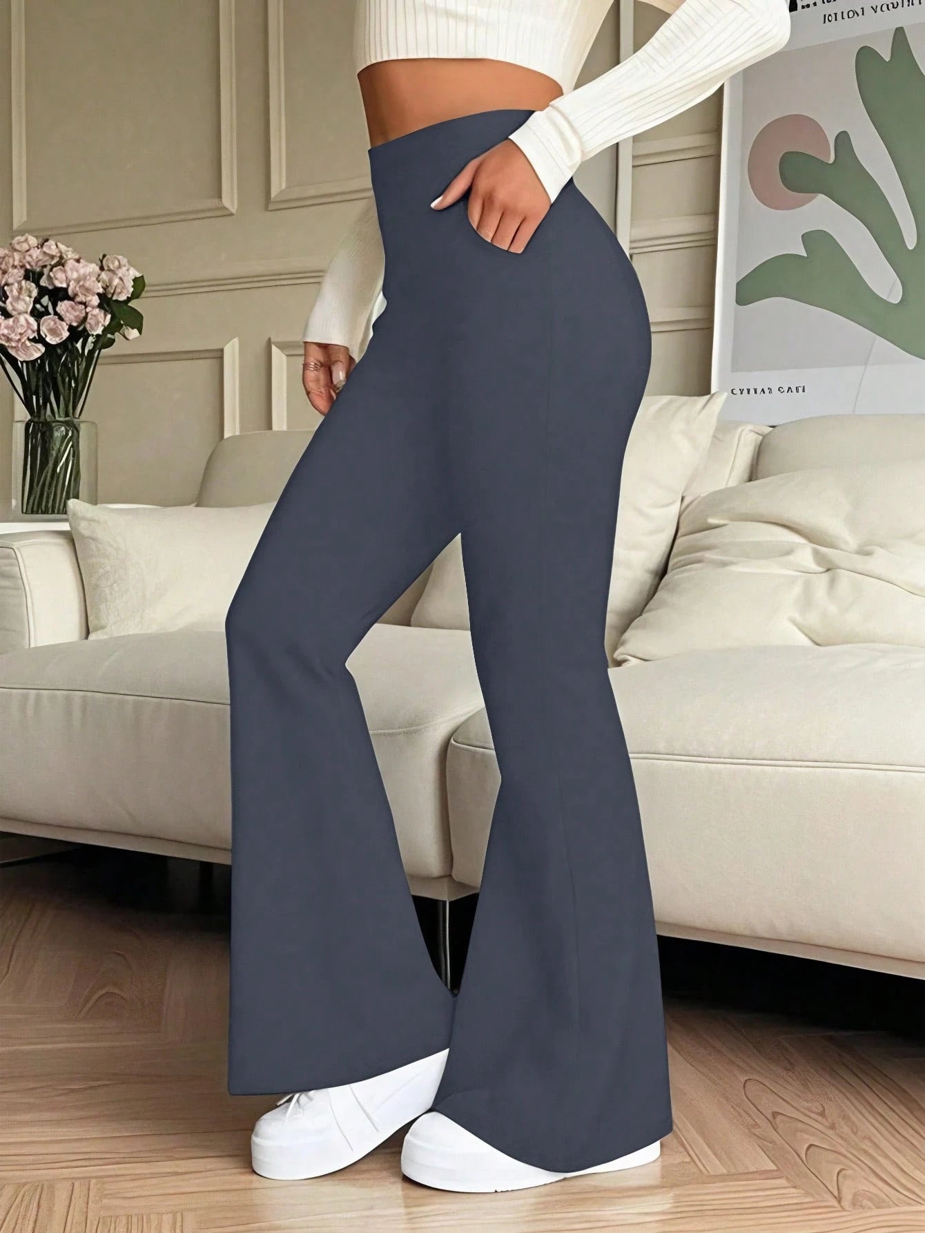 Women's High Waist Solid Color Flared Pants With Side Pockets Black