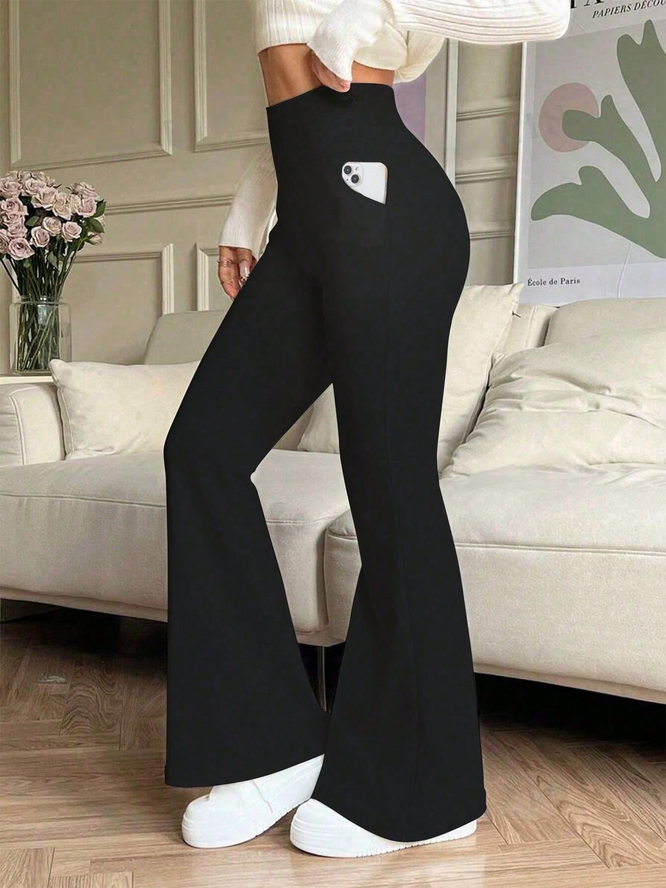 Women's High Waist Solid Color Flared Pants With Side Pockets Black