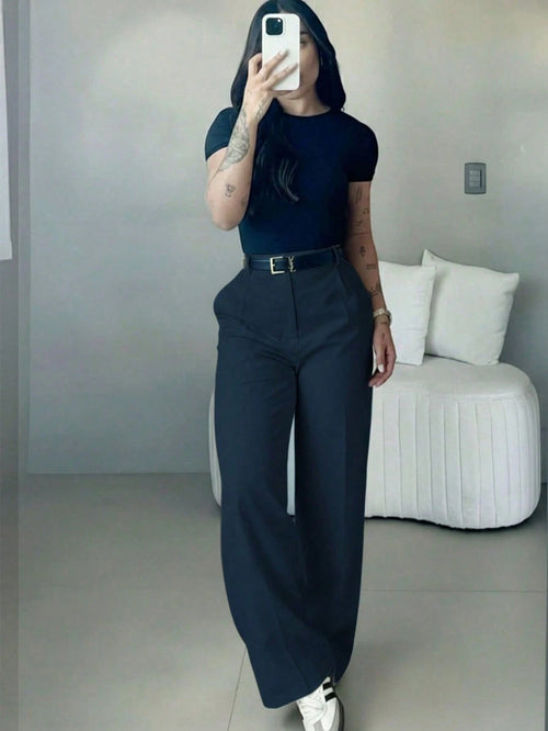 Women's High-Waisted Slim Fit Wide Leg Pants, Bohemian Street Style, Suitable For Spring/Summer Daily Wear, Work Commute, Vacation, Fashion & Elegant (Belt Not Included)