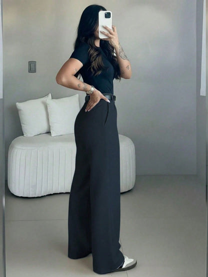 Women's High-Waisted Slim Fit Wide Leg Pants, Bohemian Street Style, Suitable For Spring/Summer Daily Wear, Work Commute, Vacation, Fashion & Elegant (Belt Not Included)