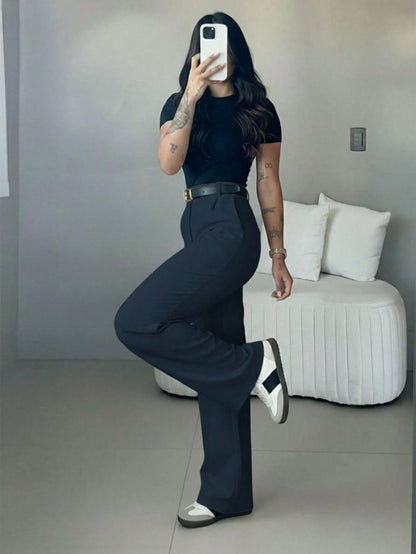 Women's High-Waisted Slim Fit Wide Leg Pants, Bohemian Street Style, Suitable For Spring/Summer Daily Wear, Work Commute, Vacation, Fashion & Elegant (Belt Not Included)