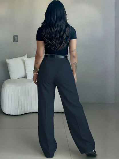 Women's High-Waisted Slim Fit Wide Leg Pants, Bohemian Street Style, Suitable For Spring/Summer Daily Wear, Work Commute, Vacation, Fashion & Elegant (Belt Not Included)