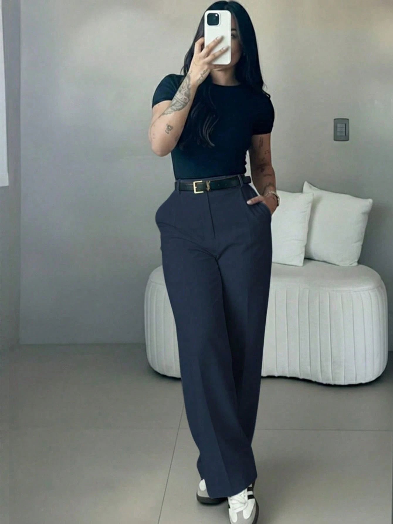 Women's High-Waisted Slim Fit Wide Leg Pants, Bohemian Street Style, Suitable For Spring/Summer Daily Wear, Work Commute, Vacation, Fashion & Elegant (Belt Not Included)