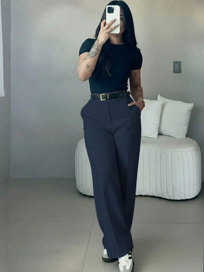 Women's High-Waisted Slim Fit Wide Leg Pants, Bohemian Street Style, Suitable For Spring/Summer Daily Wear, Work Commute, Vacation, Fashion & Elegant (Belt Not Included)