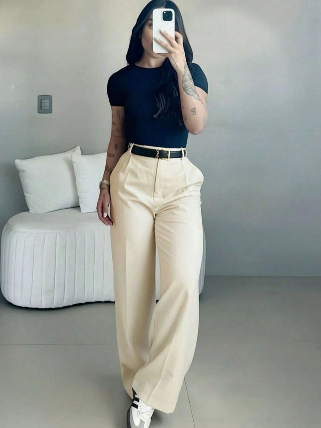 Women's High-Waisted Slim Fit Wide Leg Pants, Bohemian Street Style, Suitable For Spring/Summer Daily Wear, Work Commute, Vacation, Fashion & Elegant (Belt Not Included)