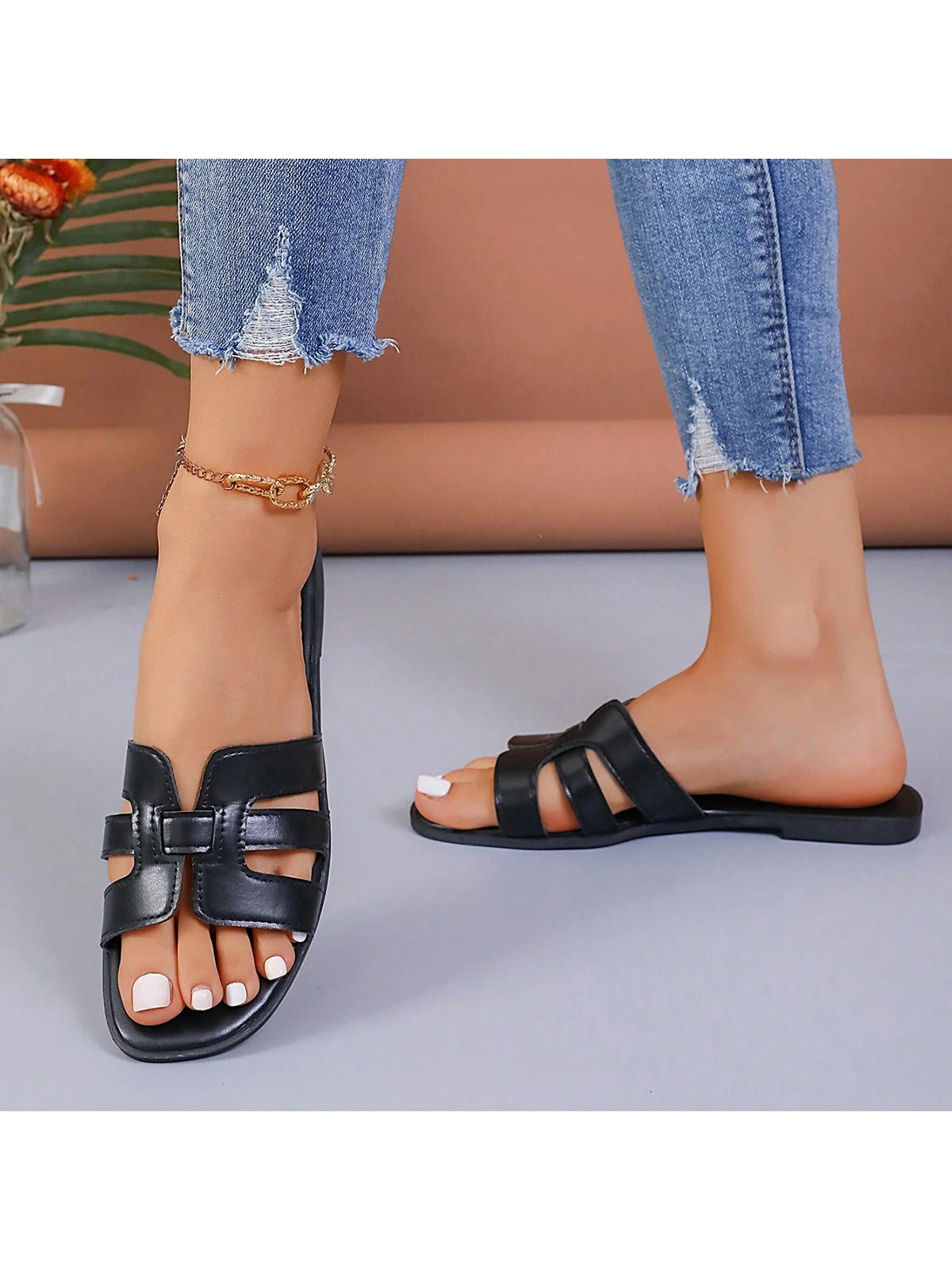 Women's Korean Style Plain Slip-On Slippers, Flat Sole, Summer Fashion Outdoor Wear, Beach Sandals Valentines, Boho