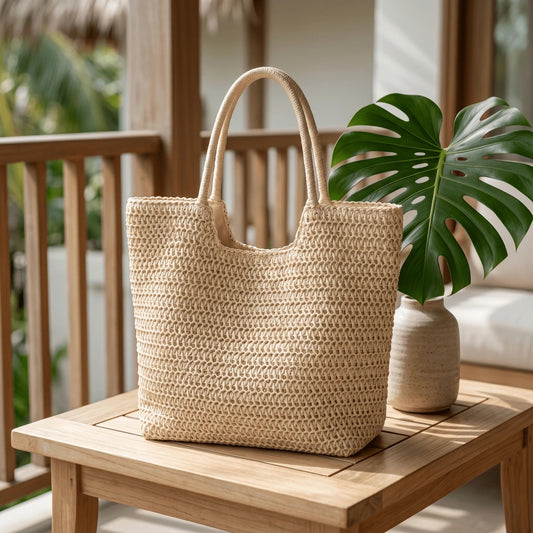 Women's Large Capacity Handmade Straw Beach Tote Bag, Lightweight Crochet Woven Boho Shoulder Bag For Summer Vacation & Daily Use
