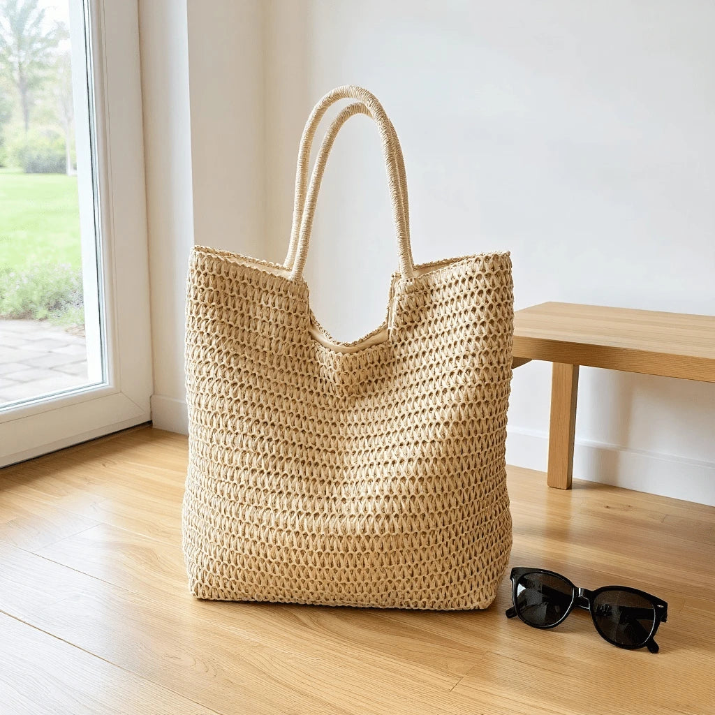 Women's Large Capacity Handmade Straw Beach Tote Bag, Lightweight Crochet Woven Boho Shoulder Bag For Summer Vacation & Daily Use