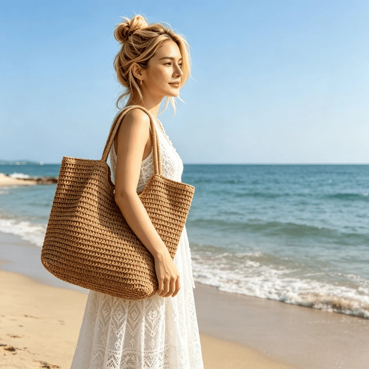 Women's Large Capacity Handmade Straw Beach Tote Bag, Lightweight Crochet Woven Boho Shoulder Bag For Summer Vacation & Daily Use
