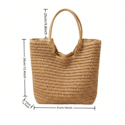 Women's Large Capacity Handmade Straw Beach Tote Bag, Lightweight Crochet Woven Boho Shoulder Bag For Summer Vacation & Daily Use